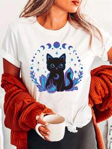Camiseta de Mujer Kawaii Goth Witchy Gato Negro - Top de Subcultura Goth de Alquimia de Cristal, Manga Corta Cuello Redondo Casual de Verano Primavera, Ropa de Dama Kawaii Gato - Blanco - Ver 6