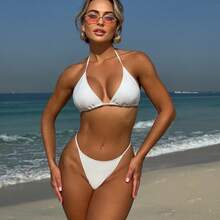 Bikini Sexy de 4 Piezas para Mujer, Set de Playa en Malla, Color Sólido – Traje de Baño - Blanco - Ver 5