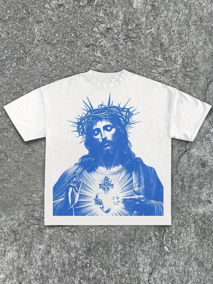 Camiseta 100% algodón, estilo Y2K, con una figura de Jesucristo azul con una corona de espinas y un patrón de corazón radiante sobre una camiseta blanca, estilo casual de hip-hop urbano, un gran regalo para familiares y amigos. - Blanco - Ver 1
