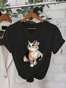 Camisetas de manga corta de talla grande, suaves y transpirables para mujer - Tops casuales de corte holgado para uso diario, camiseta de manga corta con estampado de gato curativo estilo boceto y un pequeño cuello en V, casual y a la moda, cómoda y refrescante, adecuada para diversas reuniones, fiestas y ocasiones de viaje 15207 Transpirable y cómoda - Negro - Ver 1