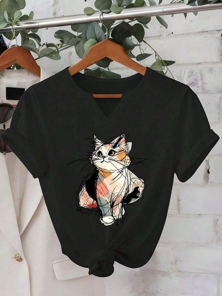 Camisetas de manga corta de talla grande, suaves y transpirables para mujer - Tops casuales de corte holgado para uso diario, camiseta de manga corta con estampado de gato curativo estilo boceto y un pequeño cuello en V, casual y a la moda, cómoda y refrescante, adecuada para diversas reuniones, fiestas y ocasiones de viaje 15207 Transpirable y cómoda - Negro - Ver 1