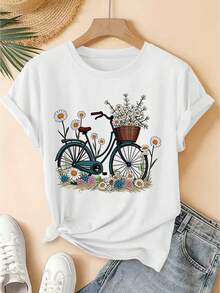 Camiseta de manga corta con estampado floral de margaritas y bicicleta vintage, cuello redondo retro, estilo bosque fresco, corte holgado, primavera-verano 2026, elegante para fiestas, moda versátil para el día a día, ropa de mujer. - Blanco - Ver 8