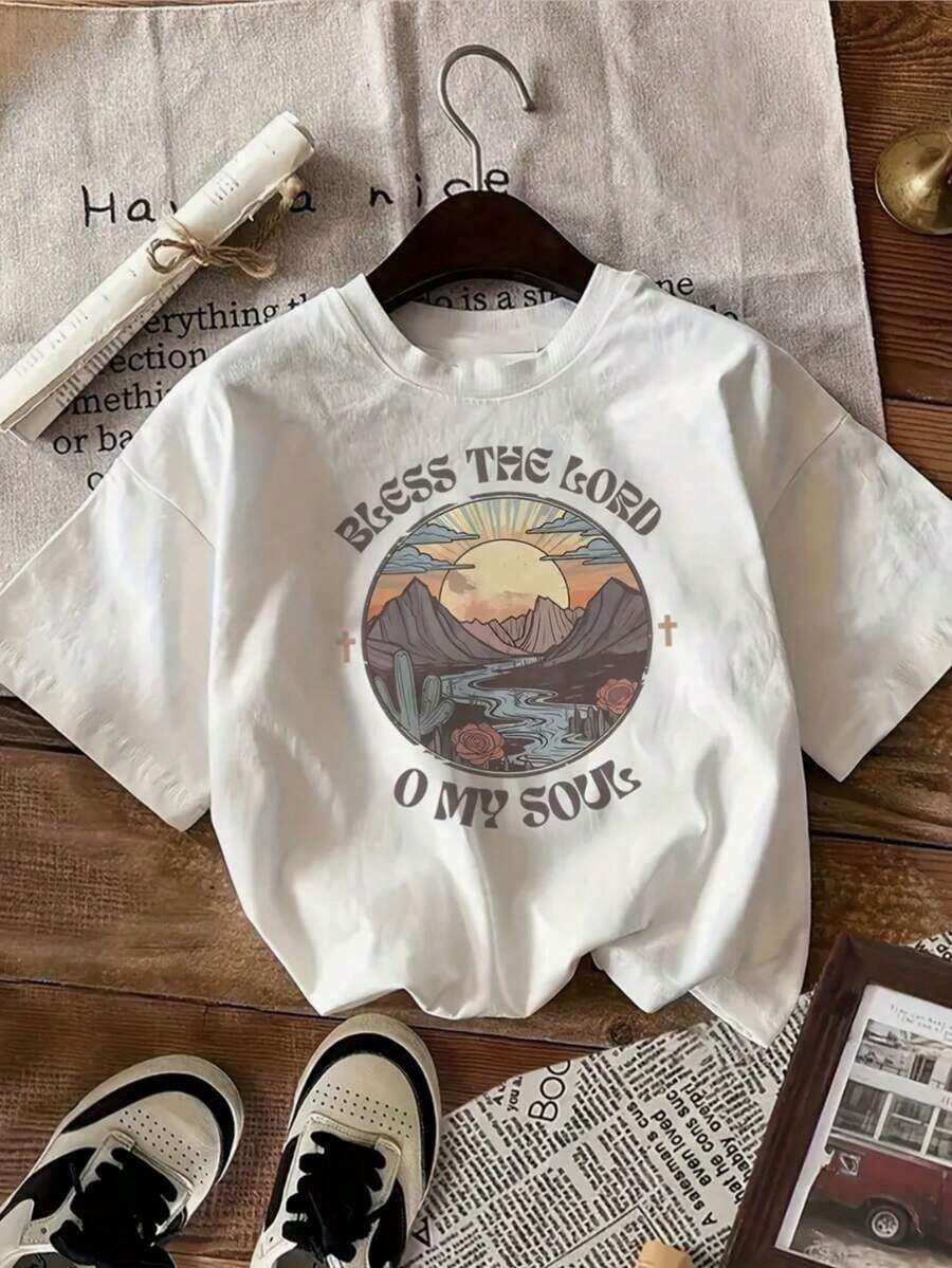 Camiseta Estampada - 180g, Cuello Redondo, Estilo Casual, Diseño de Playa, Perfecta para Atuendos Casuales de Primavera y Verano, Playeras de Mujer - Blanco - Ver 1