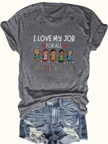 Plus Size - Plus Size Women'S Casual Crew Neck T-Shirt - "I Love My Job" Graphic Tee with Colorful Cartoon Characters, Short Sleeve, Lightweight & Breathable Fabric for Spring & Summer, Casual Wear | Playful Graphic Tee | Comfortable Fit - Gris Oscuro - Ver 6