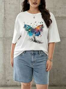 Suave Camiseta Casual de Mujer con Estampado de Mariposas, Cuello Redondo y Mangas Cortas con Hombros Caídos, Top de Longitud Regular, blusas para mujer>camisa - Blanco - Ver 1