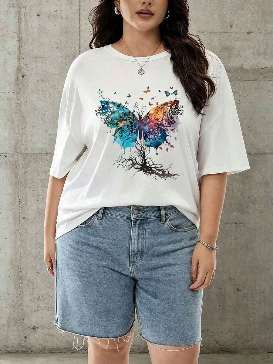 Suave Camiseta Casual de Mujer con Estampado de Mariposas, Cuello Redondo y Mangas Cortas con Hombros Caídos, Top de Longitud Regular, blusas para mujer>camisa - Blanco - Ver 1