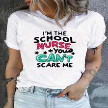 1 pieza, camiseta de manga corta de algodón puro clásica y versátil, ideal para usar en cualquier estación, con dise?o de impresión de enfermera femenina y estilo moderno - Blanco - Ver 2