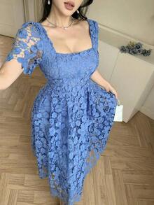 Vestido largo de mujer de estilo francés con cintura alta, manga corta y encaje calado, vestido de invitada de boda, vestido de cóctel de mujer - Azul - Ver 6