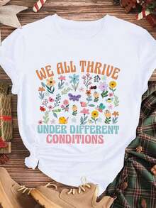 Elegante y casual para mujer, manga corta, camiseta negra con estampado floral e insectos "Todos prosperamos bajo diferentes condiciones" para mujer, ropa casual de primavera y verano. - Blanco - Ver 3