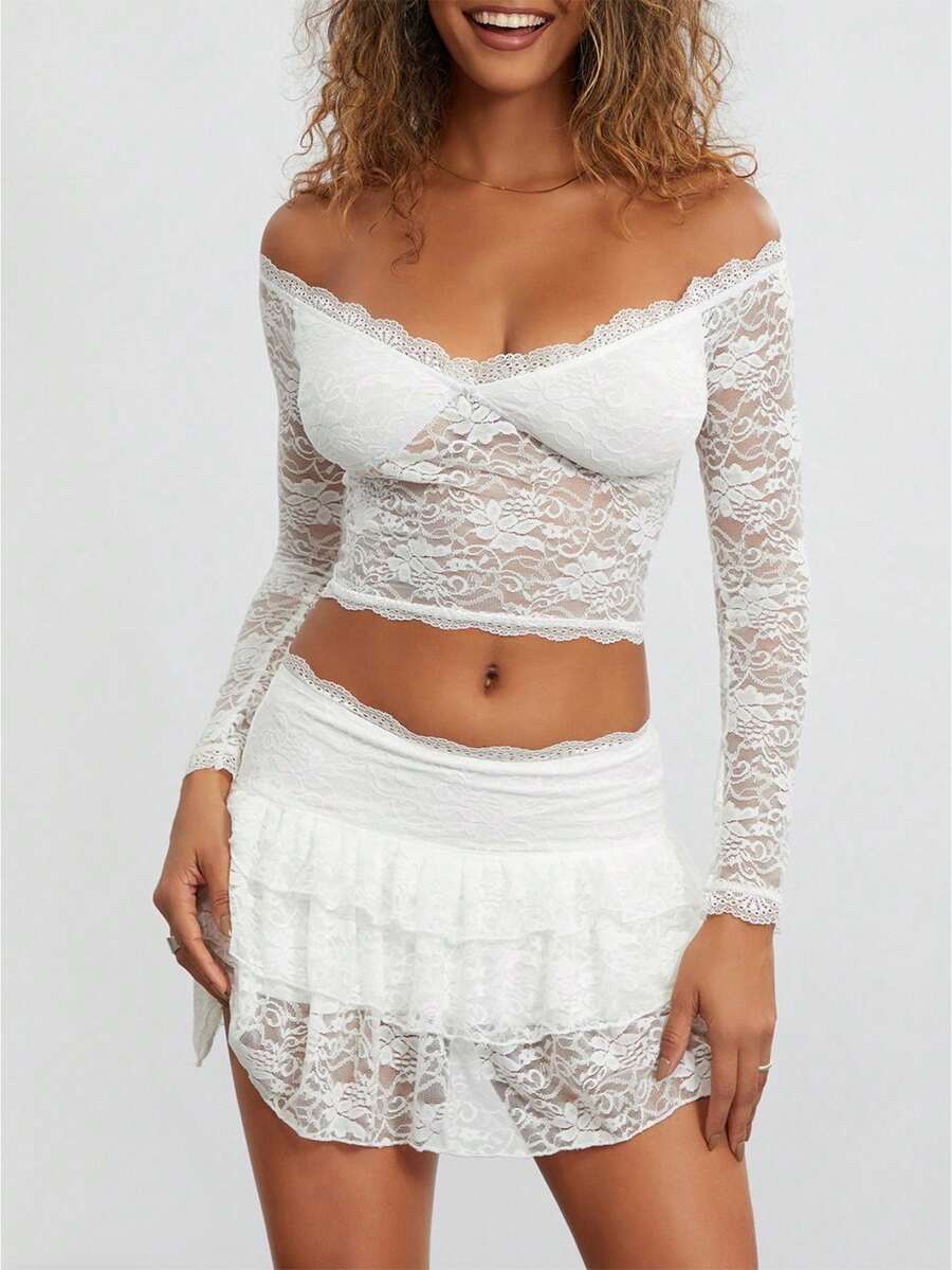 Women Lace Skirt Set Fairycore See Through Off Shoulder Long Sleeve Crop Tops and Mini Skirt Suit 2 Piece Outfits Streetwear - Blanco - Ver 1