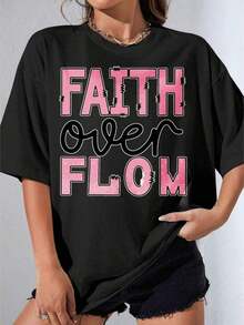 Women's Black And White T-Shirt, Oversized White T-Shirt With 'Faith Over Flow' Graphic Print, For Casual Summer Wear, Outdoor Parties, 180g Casual Printed T-Shirt - 黑色 - 查看 7