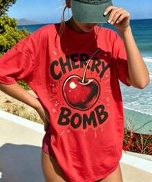 Casual T-shirtCasual Fruit & Letter Print-Shirt Women, Soft Fabric, Loose Fit And Crew Neck Short Sleeve Design. 180g Washable Material, Versatile Spring And Summer. Easy To Match With Various Outfits Daily Casual Looks.100% CottonDurable - Rojo - Ver 7