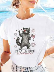 Women's Cotton T-Shirt With A Raccoon Graphic Print, Patriotic Independence Theme, Casual Summer Tee, Soft And Breathable, Short Sleeves For Everyday Wear. Cool Summer T-Shirt, Unisex Style. - 白色 - 查看 7