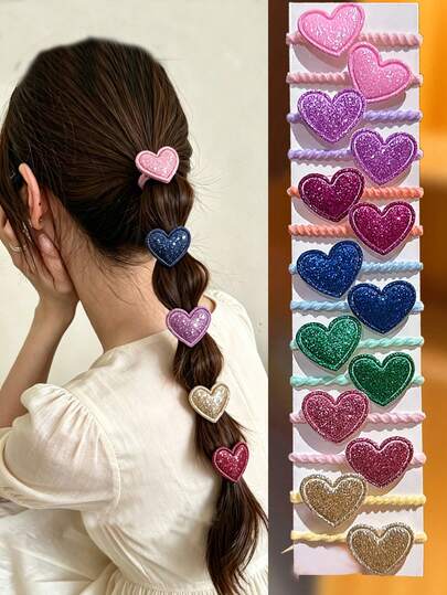 14pcs Colorful Star & Heart Shaped Hair Ties, Sweet Style Hair Accessories, Random Colors Suitable For Daily Use