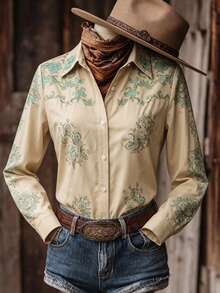 Women's Western Bohemian Print Long Sleeve Summer Shirt, Front Button Design, Non-Stretch Woven Fabric, Fashion Autumn Blouse Top - Multicolor - View 3
