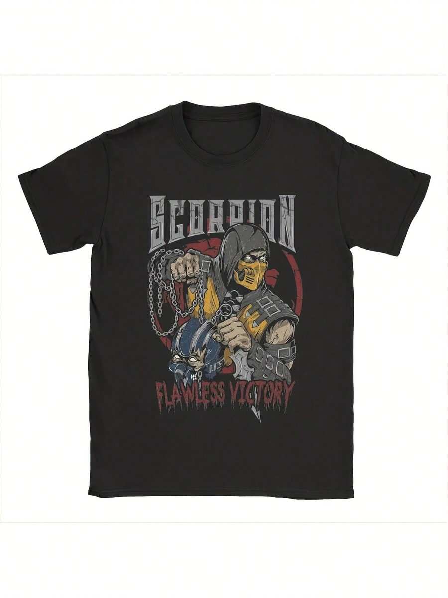 Camiseta de manga corta y cuello redondo para hombre, transpirable, con estampado de "Escorpión Mortal", estilo casual para todas las estaciones, diseño estampado de corte regular, adecuada para gamers, estilo casual de verano, camiseta para mujer, local. - Negro - Ver 1