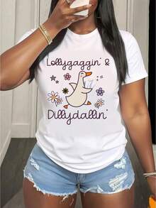 Camiseta de estilo vintage para mujer, de 230 g de peso, con estampados de patos y patitos, con las palabras "leisurely" y "wandering" impresas, de color marrón suave, de cuello redondo y manga corta, cómoda para todas las estaciones, lavable a máquina, disponible en tres colores. - Blanco - Ver 8
