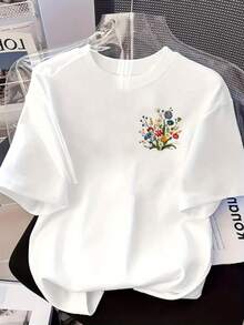 Women's Floral Print T-Shirt | Short Sleeve, Round Neck, Casual Style, Comfortable Fit, Classic Design With Bright Floral Prints, Suitable For All Seasons, Casual Wear, Embroidered Floral Design, White Bridal Shirt. - 黑色 - 查看 6