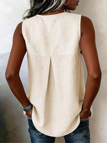 Women's Sleeveless Button-Up Cover-Up, Casual Drawstring Tied Detail Sleeveless Button-Up Top, Round-Neck Leisure Waist-Cinching Cover-Up, With Side Drawstring Ties And Pockets, Suitable For Summer - Light Brown - View 6