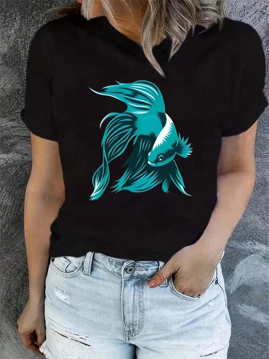 Camiseta de verano para mujer, de manga corta y estampada, moderna y casual, lavable a máquina, ajuste cómodo, estampado plano 2D. - Negro_04 - Ver 1