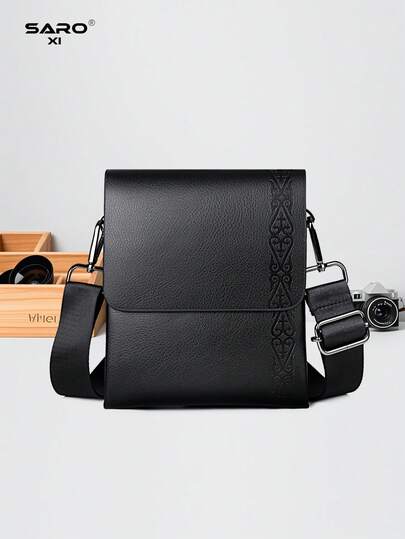 saroxi 1pc Fashion New Men's Shoulder Bag, Lightweight Multi-Layer Stylish Crossbody Bag, Outdoor Messenger Bag With Side Pockets, Multifunctional PU Leather Casual Minimalist Bag, Black/Brown, Ideal Gift For Men, Boyfriend