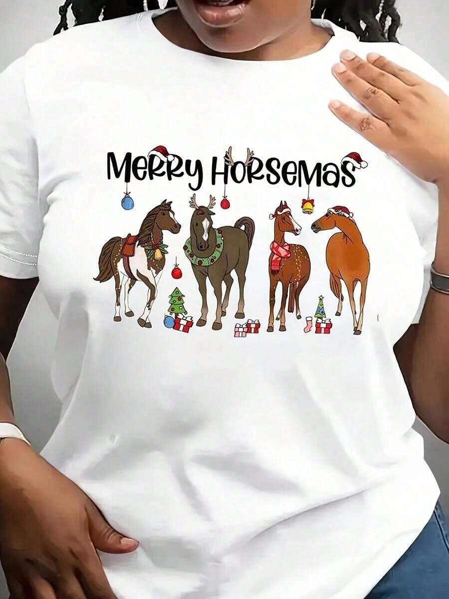 Women's Casual Short Sleeve Crew Neck T-Shirt - Merry Horses Christmas Graphic Print With Santa Hats And Ornaments, Festive Gray Theme, Machine Washable, Comfortable Fit For All Seasons, Holiday Clothing - 白色 - 查看 1