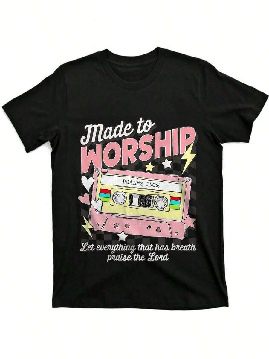 Camiseta de Mujer Estilo Urbano con Estampado Trasero, Algodón Cómodo, Cuello Redondo, Pantalones Cortos, Camisetas de Hombre del Mismo Estilo y Manga Corta - Negro - Ver 1