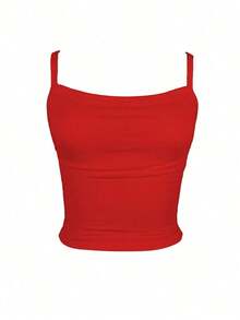 Camiseta ajustada sin espalda de unicolor para mujer, adecuada para el uso diario en verano - Rojo - Ver 4