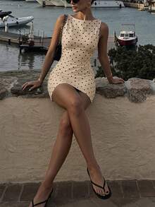 Women's Black Polka Dot Sleeveless Short Dress, Elegant Fitted Mini Dress For Summer - Beige - View 6