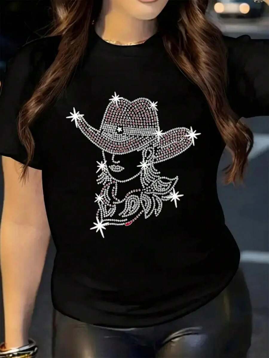 2025 Summer Sparkling Rhinestone Cowboy Print Short Sleeve T-Shirt. 100% Cotton Breathable. Ladies' Plus Size Round Neck. With Western Charm - Black - View 1