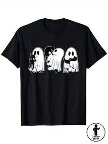 Funny Halloween T-Shirt - Ghosts Holding A Cat Design - Heavyweight Soft Cotton T-Shirt (180gsm) - Vintage Halloween Style - Breathable And Absorbent - Unisex Loose Fit - 黑色 - 查看 1