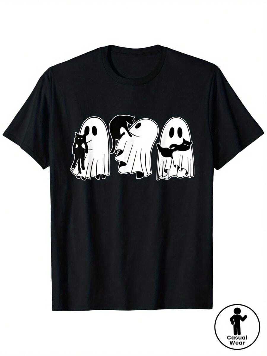 Funny Halloween T-Shirt - Ghosts Holding A Cat Design - Heavyweight Soft Cotton T-Shirt (180gsm) - Vintage Halloween Style - Breathable And Absorbent - Unisex Loose Fit - 黑色 - 查看 1
