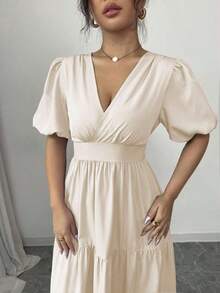 Vestido largo con cuello en V elegante, cintura recogida, pliegues, bajo acampanado y mangas abullonadas, color púrpura, de uso casual y para vacaciones, para primavera/verano - Caqui - Ver 4