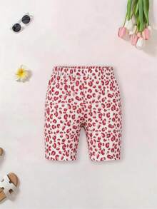 Pink Casual Round Neck T-Shirt Paired With All-Over Pink Leopard Print Shorts, Accented With Unique Creative Bow Pattern - Pink - View 8