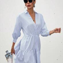 Aveloria Frievida Striped Print Ruffle Hem Smock Dress Dresses For Women Elegant  - Azul y blanco - Ver 6