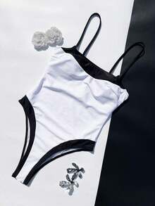 Traje de baño de una pieza con bloques de color, escote cuadrado y tirantes anchos para mujer.El ajuste ceñido acentúa las curvas del Body para un look de playa elegante.Vacaciones - Blanco y Negro - Ver 2