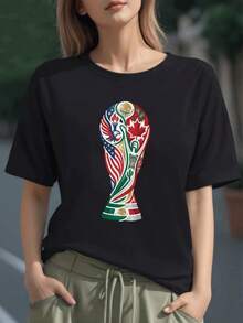 Figura que celebra la unión entre México Estados Unidos y Canadá con símbolos de cooperación y pasión deportiva camiseta para mujer 100% algodón confortable y moderna - Negro - Ver 6