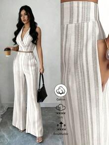 conjunto de 2 piezas de primavera/verano con top sin mangas de lino texturizado a rayas azul y blanco, y pantalones casuales acampanados con bolsillos duales, elegante estilo casual - Gris Claro - Ver 1