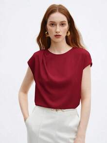 Blusa nueva de primavera/verano con diseño de hombros plisados de cuello redondo en azul, camisa elegante y única para salidas, oficina, ocasiones formales, moda básica profesional casual de alta gama, invitada de boda, fiesta, estilo del milenio, - Burdeos - Ver 4