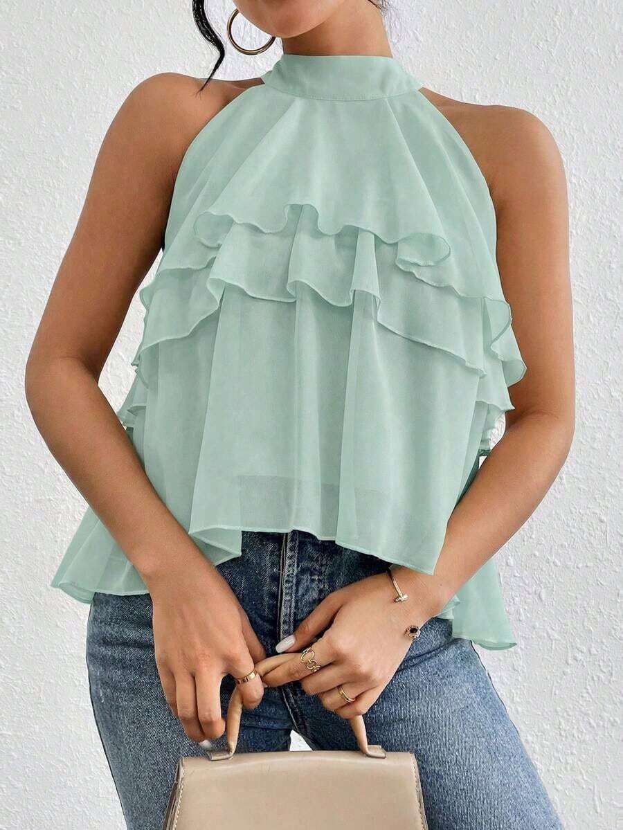 Blusa de gasa con volantes asimétricos y cuello suelto - Verde - Ver 1