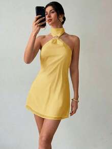 Elegante y delicado vestido camisero con decoración metálica y espalda descubierta, ropa de verano, ropa de playa, ropa de resort, ropa de resort bohemia y tropical, atuendo para conciertos, fiestas rave, festivales de música country, elegante atuendo para citas nocturnas, vestido de verano para mujer, vestido para té de la tarde, vestido blanco de graduación, atuendo de celebración para festivales de música, vestido con espalda descubierta - Amarillo - Ver 4