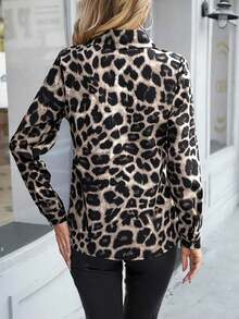 Camisa de manga larga cómoda y casual para mujer, camisa con botones y cuello con estampado de leopardo, para primavera/otoño - Gris - Ver 2