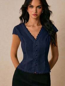 Blusa de mujer de unicolor con diseño de botones y encaje en contraste - Azul marino - Ver 8