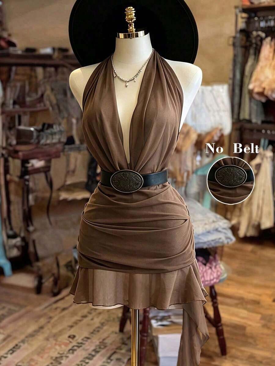 Vestido de mujer con cuello halter, espalda descubierta y volantes en el bajo - Camel - Ver 1