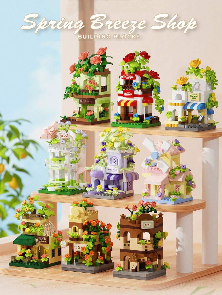 Spring Breeze Store Building Block Set, DIY Greenhouse Model, Stress Relief Building Blocks, Assembly Blocks, Creative Desktop Display Art Decoration, Suitable For Small Gifts And Parties. Halloween, Christmas, Back To School Season, Multiple Holiday Gifts - Multicolor - View 1