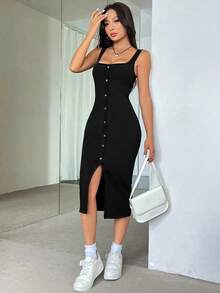 Vestido largo con cuello cuadrado, botones delanteros y abertura lateral para mujer - Negro - Ver 5