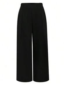 Pantalones Para Mujeres De Talla Grande Con Pliegues De Color Sólido Y Pierna Recta - Negro - Ver 1