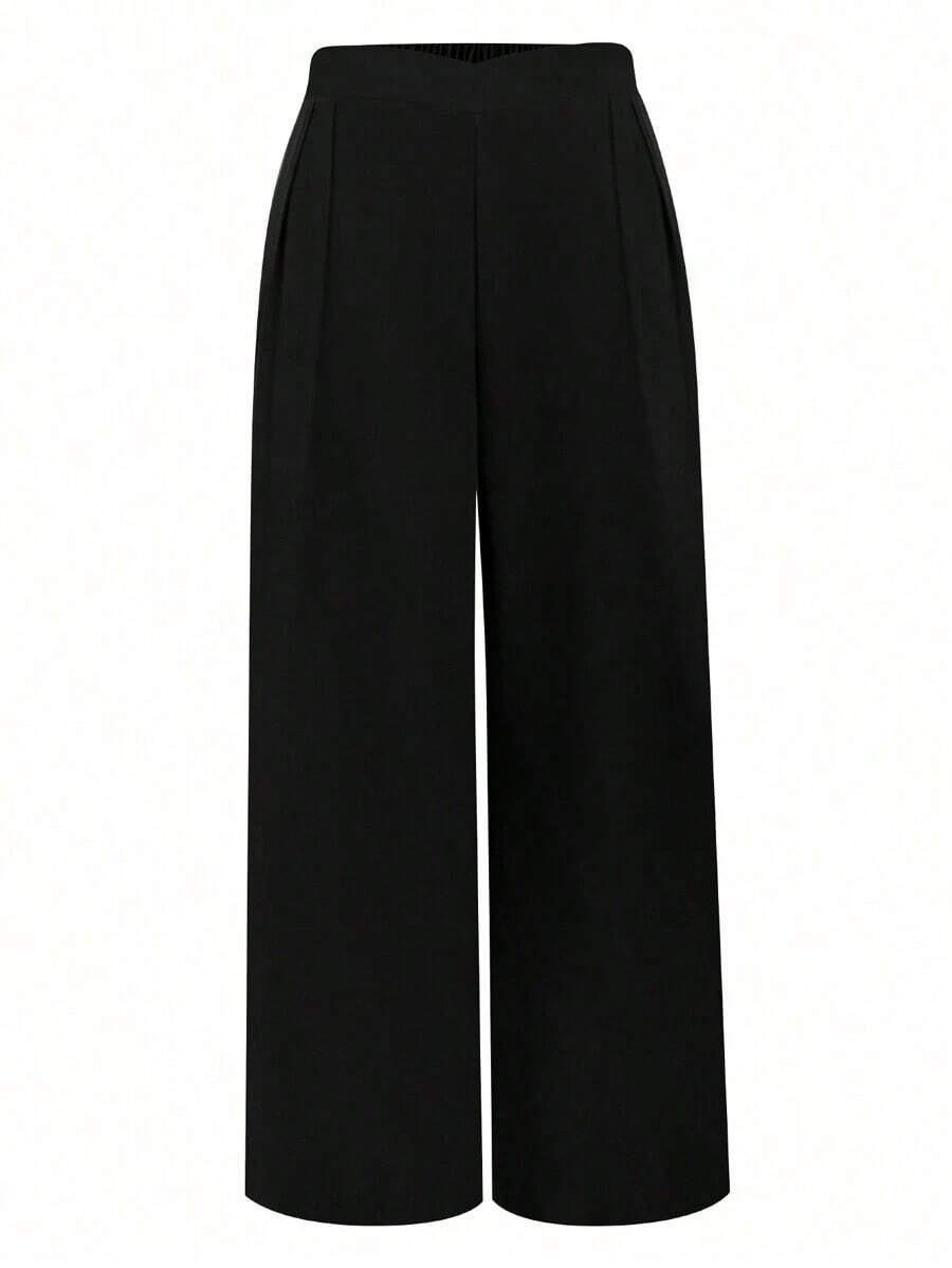 Pantalones Para Mujeres De Talla Grande Con Pliegues De Color Sólido Y Pierna Recta - Negro - Ver 1