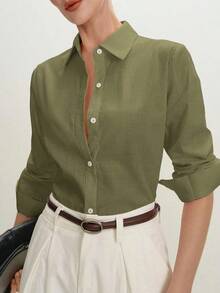 2026 Nueva Camisa Básica Versátil y Elegante para Mujer con Botones Delanteros y Cuello Mao en Color Azul Claro, Adecuada para Ir al Trabajo, Uso Diario, Estilo Retro de los 90, Navidad, Año Nuevo, Fiesta de San Valentín, Playa, Graduación, Moda, - Verde militar - Ver 2