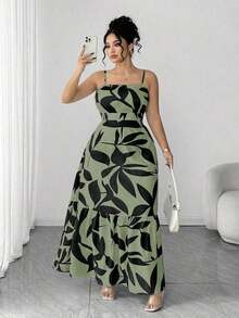 Vestido elegante de mujer talla grande con tirantes finos, cintura fruncida y diseño evasé, con estampado de hojas de dos colores, diseño evasé estilizador, elegante y sofisticado, adecuado para volver al colegio, graduación, San Valentín, festiva - Verde militar - Ver 4